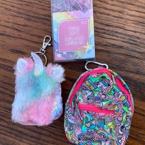 Girls keychain backpack and string lights new!